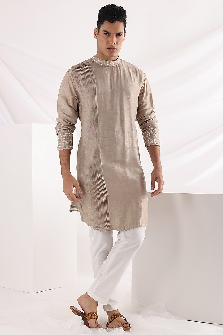 Beige Bam Silk Threadwork Nehru Jacket Set by Smriti By Anju Agarwal Men at Pernia's Pop Up Shop