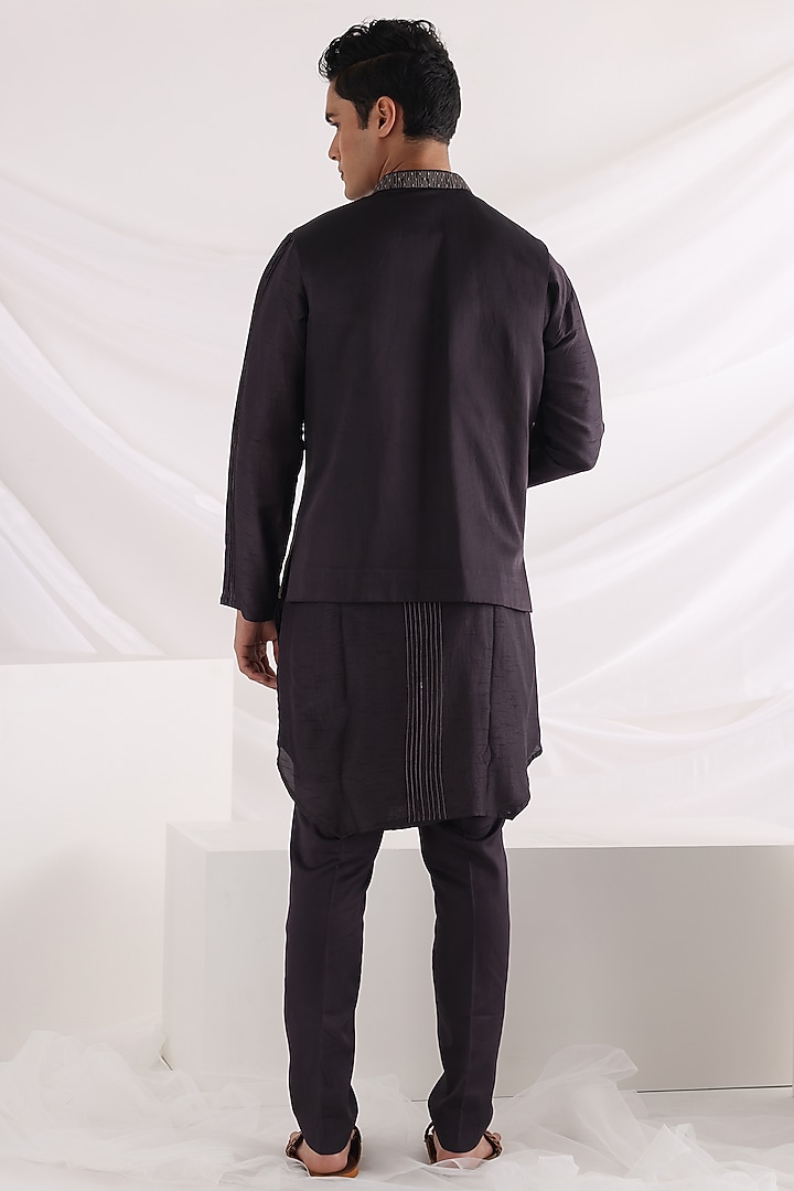 Charcoal Black Linen Satin Sequins Embroidered Nehru Jacket by Smriti By Anju Agarwal Men at Pernia's Pop Up Shop