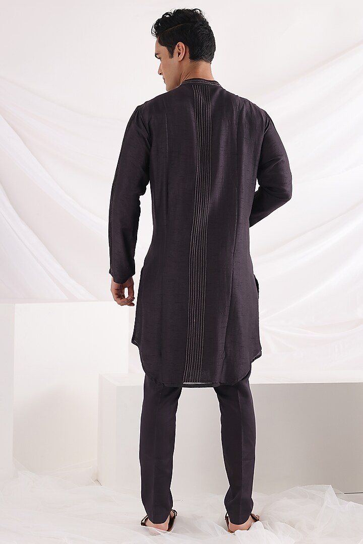 Charcoal Black Bam Silk Embroidered kurta Set by Smriti By Anju Agarwal Men at Pernia's Pop Up Shop