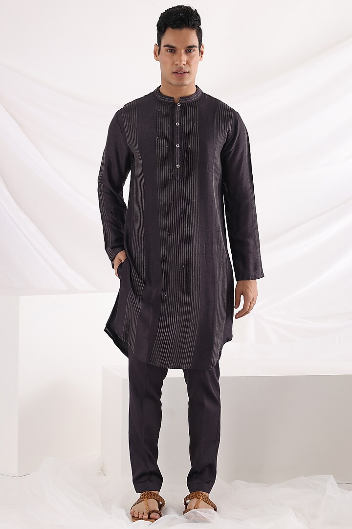 Charcoal Black Linen Satin Sequins Embroidered Nehru Jacket by Smriti By Anju Agarwal Men at Pernia's Pop Up Shop