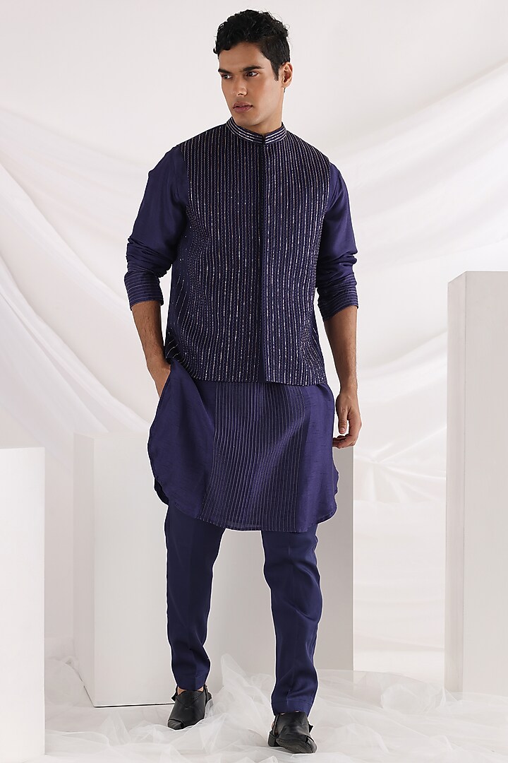Dark Blue Chiffon Bandhej Embrordered Nehru Jacket Set by Smriti By Anju Agarwal Men at Pernia's Pop Up Shop