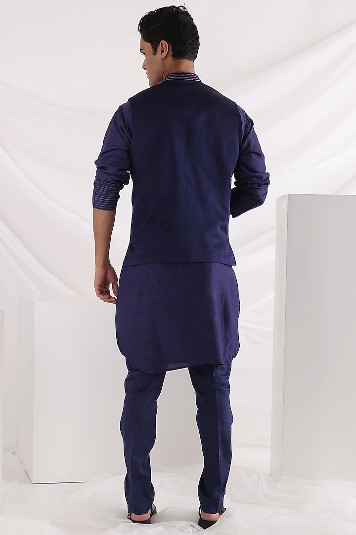 Dark Blue Chiffon Bandhej Embrordered Nehru Jacket Set by Smriti By Anju Agarwal Men at Pernia's Pop Up Shop