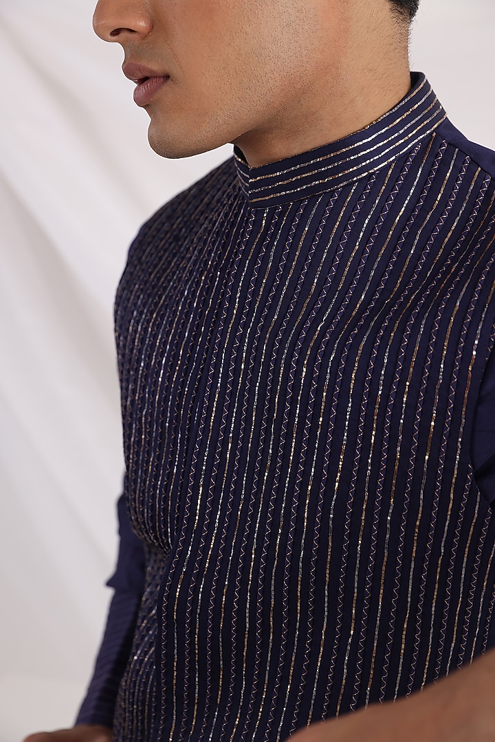 Dark Blue Chiffon Bandhej Embrordered Nehru Jacket Set by Smriti By Anju Agarwal Men at Pernia's Pop Up Shop