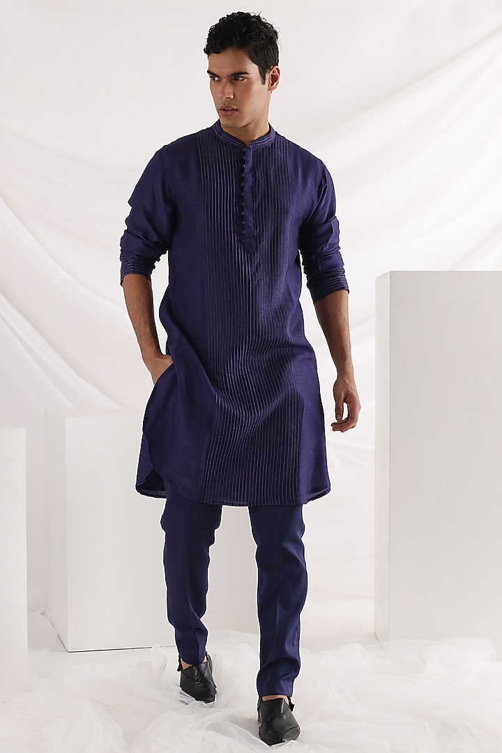 Midnight Linen Satin Crepe Embroidered Nehru Jacket With Kurta Set by Smriti By Anju Agarwal Men at Pernia's Pop Up Shop