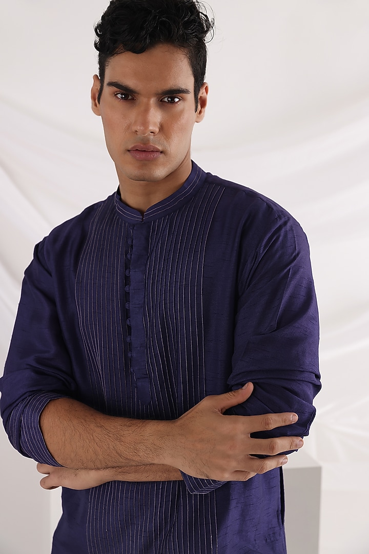 Midnight Linen Satin Crepe Embroidered Nehru Jacket With Kurta Set by Smriti By Anju Agarwal Men at Pernia's Pop Up Shop