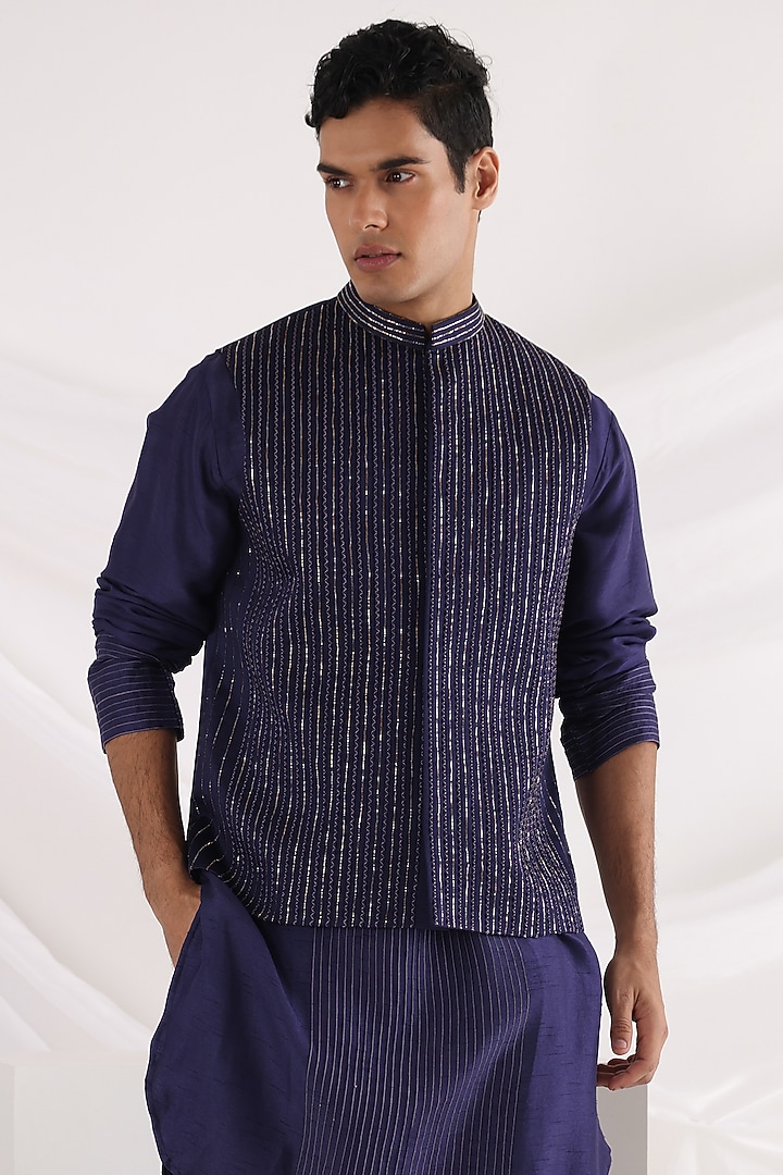 Midnight Linen Satin Crepe Embroidered Nehru Jacket With Kurta Set by Smriti By Anju Agarwal Men at Pernia's Pop Up Shop