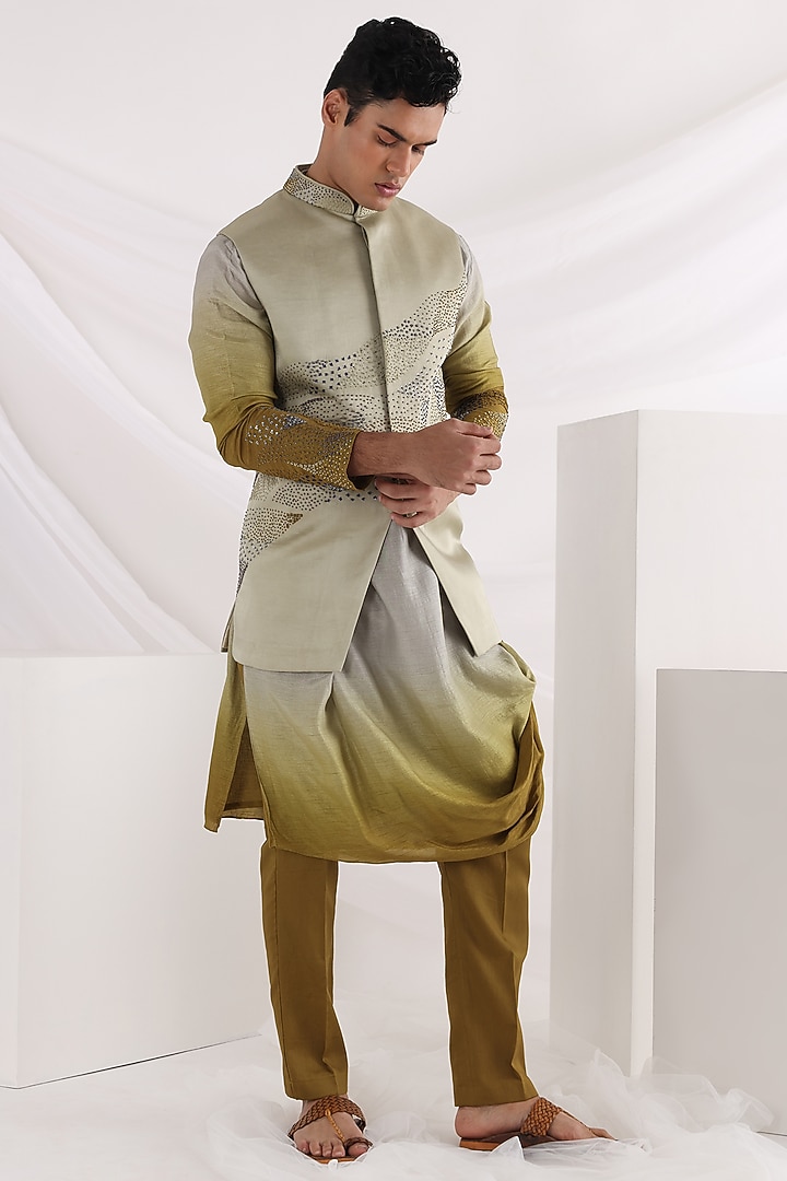 Olive Linen Satin Embroidered Nehru Jacket by Smriti By Anju Agarwal Men at Pernia's Pop Up Shop
