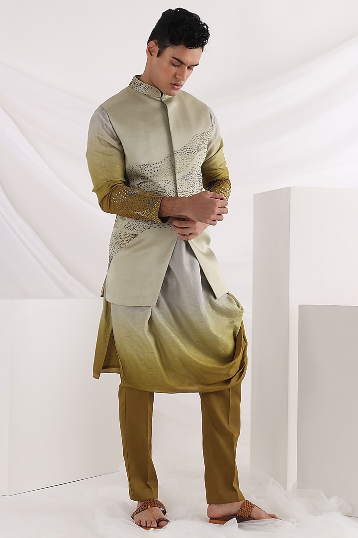 Olive Linen Satin Embroidered Nehru Jacket With Kurta Set by SMRITI APPAREL MEN