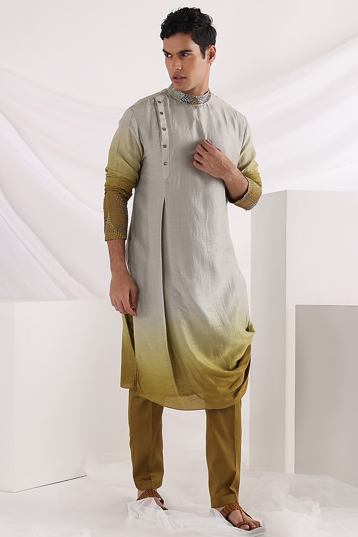 Olive Linen Satin Embroidered Nehru Jacket Set by Smriti By Anju Agarwal Men at Pernia's Pop Up Shop
