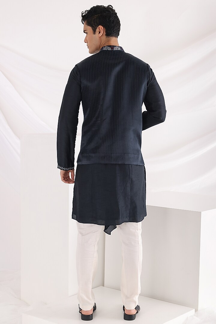 Midnight Blue Linen Satin Embroidered Nehru Jacket by Smriti By Anju Agarwal Men at Pernia's Pop Up Shop