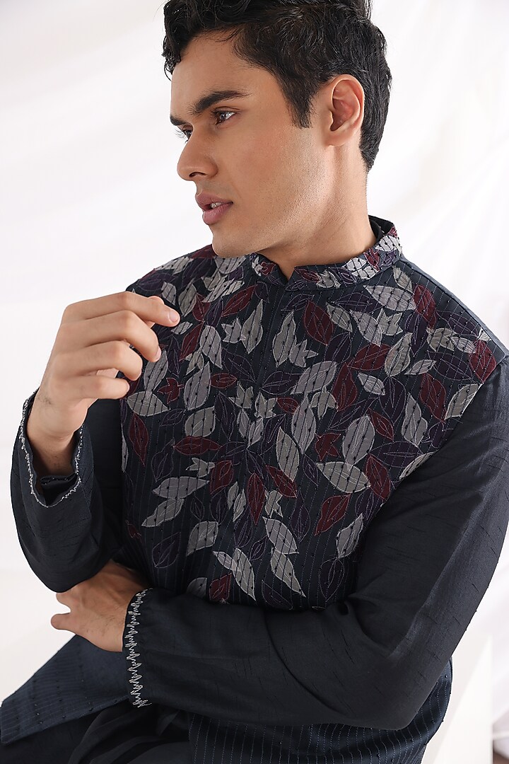 Midnight Blue Linen Satin Embroidered Nehru Jacket by Smriti By Anju Agarwal Men at Pernia's Pop Up Shop