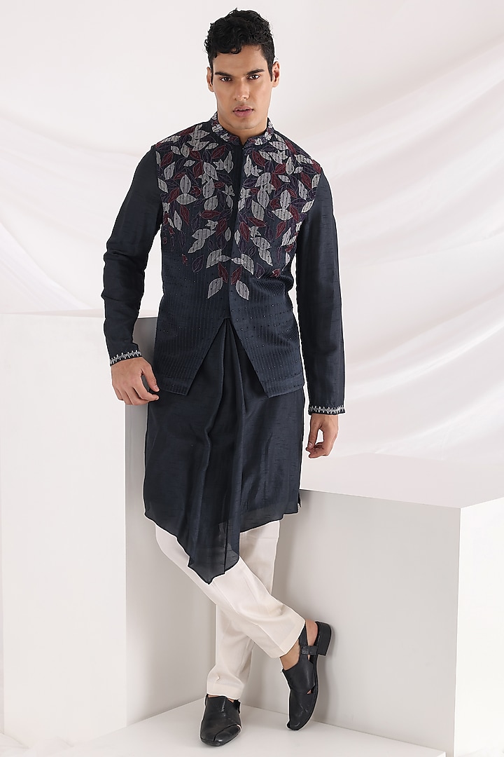 Midnight Blue Linen Satin Embellished Nehru Jacket With Kurta Set by SMRITI APPAREL MEN