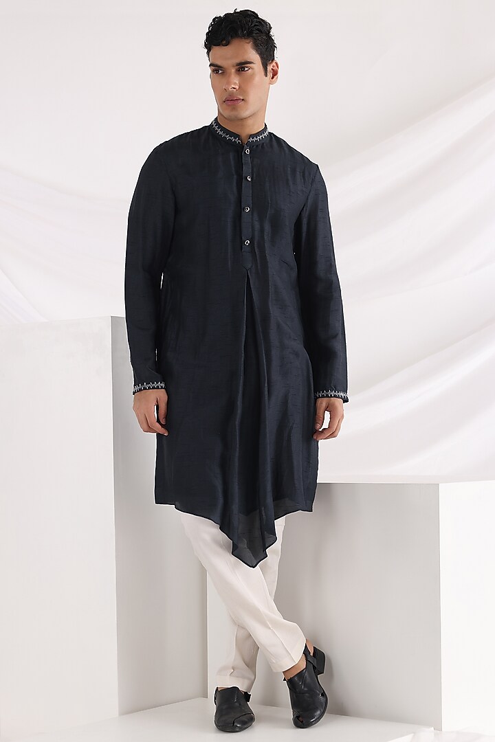 Midnight Blue Linen Satin Embroidered Nehru Jacket Set by Smriti By Anju Agarwal Men at Pernia's Pop Up Shop