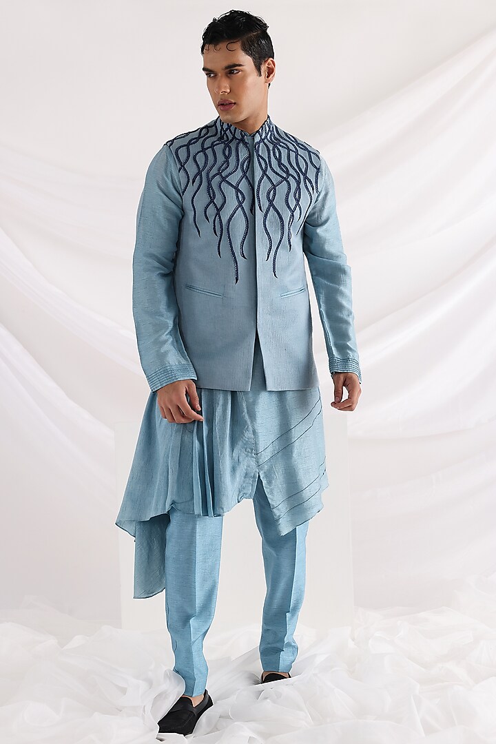 Blue Bam Silk Linen Satin Embroidered Nehru Jacket by SMRITI APPAREL MEN