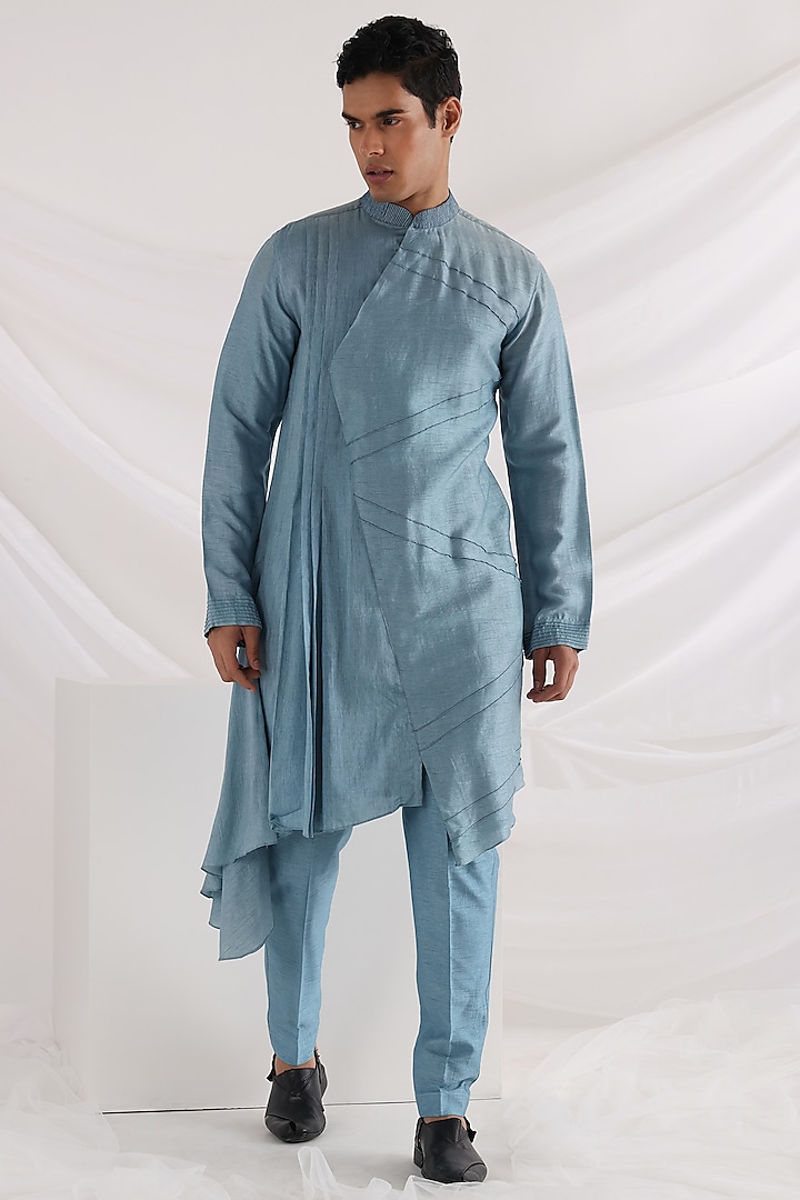 Blue Bam Silk Asymmetric Kurta Set by Smriti By Anju Agarwal Men