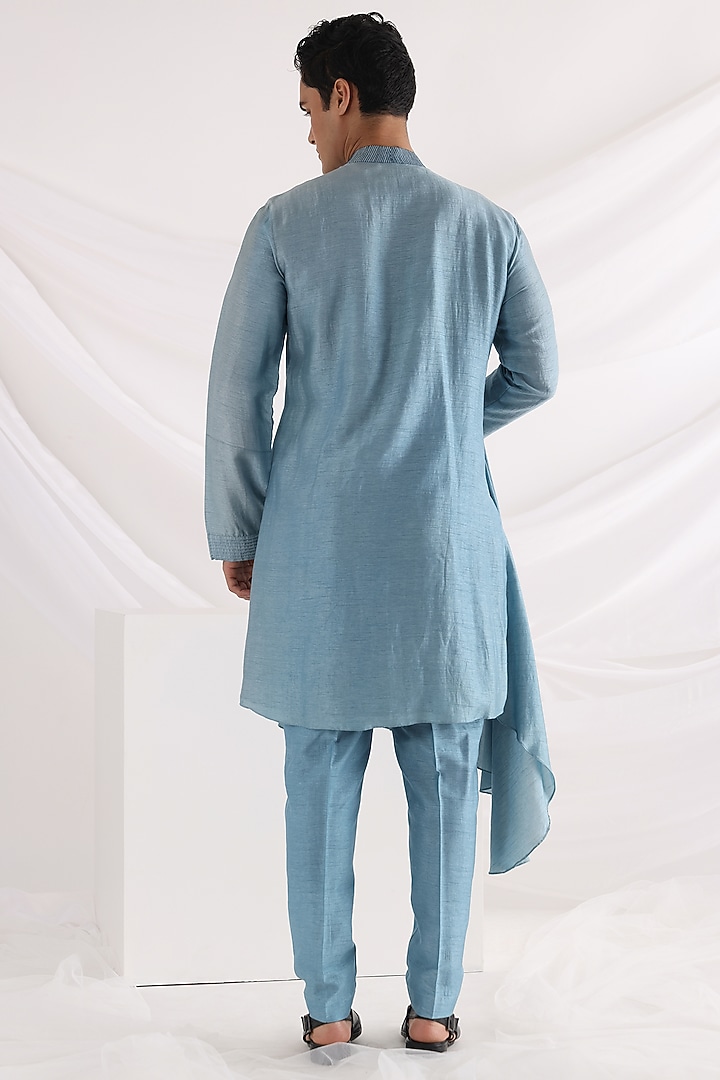 Blue Bam Silk Asymmetric Kurta Set by Smriti By Anju Agarwal Men at Pernia's Pop Up Shop