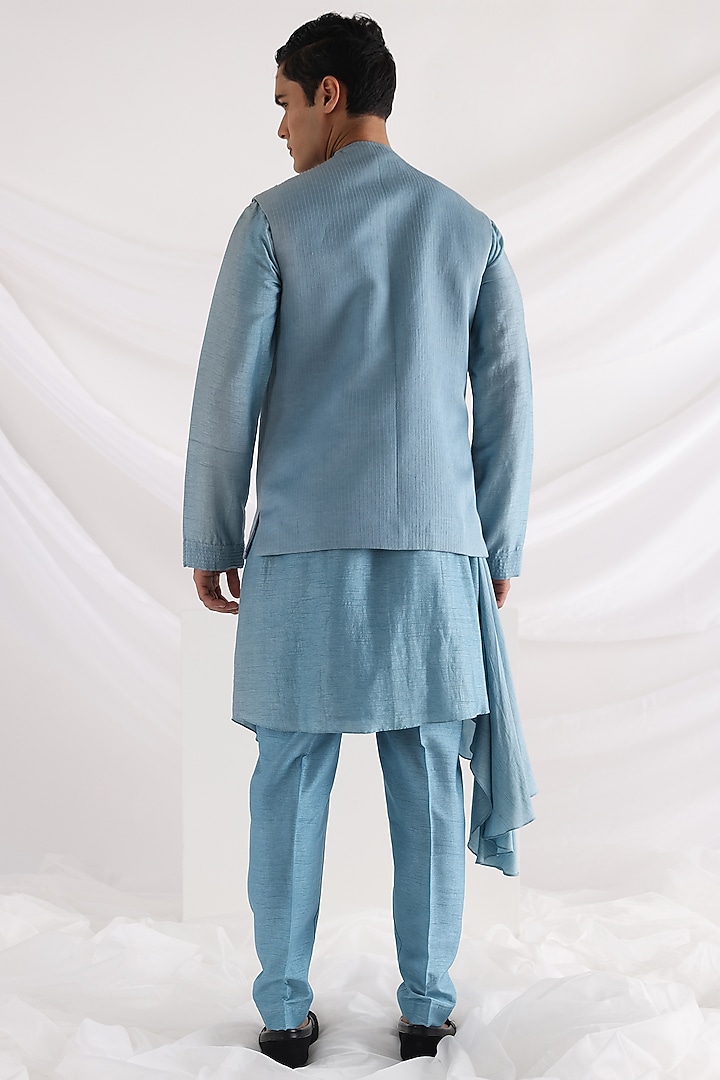 Blue Bam Silk Linen Satin Abstract Threadwork Nehru Jacket Set by Smriti By Anju Agarwal Men at Pernia's Pop Up Shop