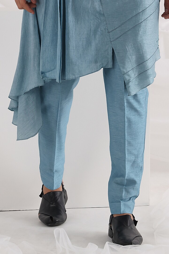 Blue Bam Silk Linen Satin Abstract Threadwork Nehru Jacket Set by Smriti By Anju Agarwal Men at Pernia's Pop Up Shop