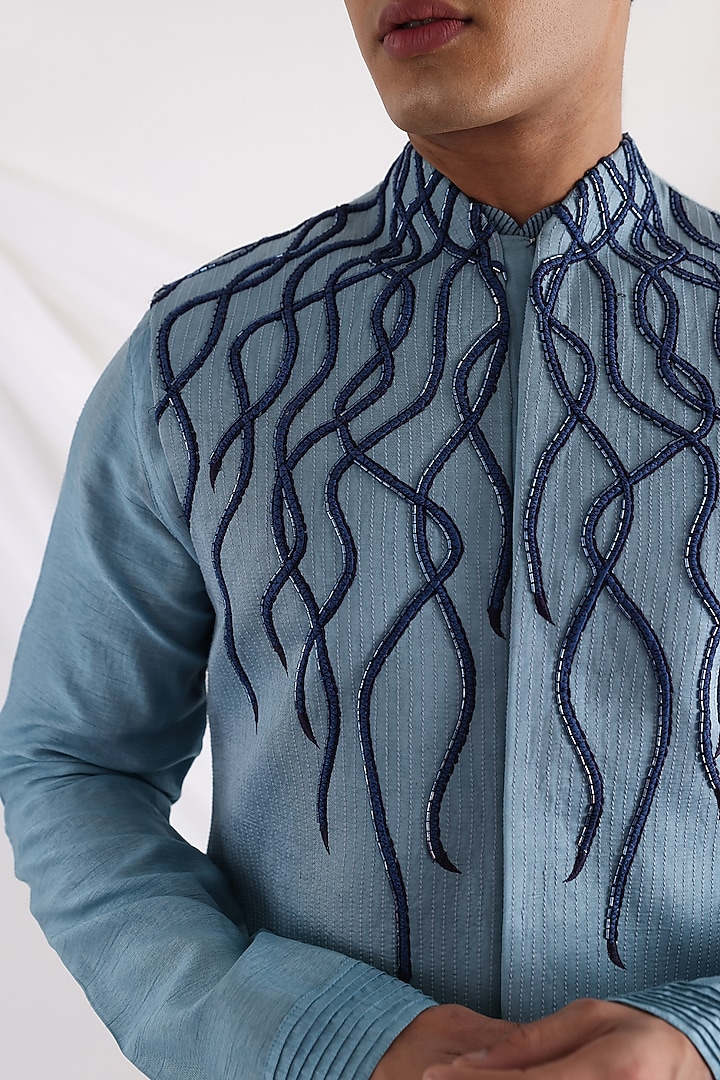 Blue Bam Silk Linen Satin Abstract Threadwork Nehru Jacket Set by Smriti By Anju Agarwal Men at Pernia's Pop Up Shop