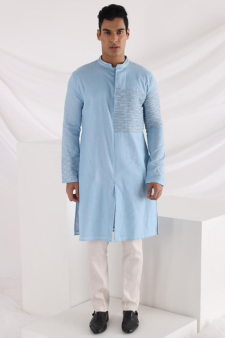 Sky Blue Linen Crepe Kurta Set by Smriti By Anju Agarwal Men