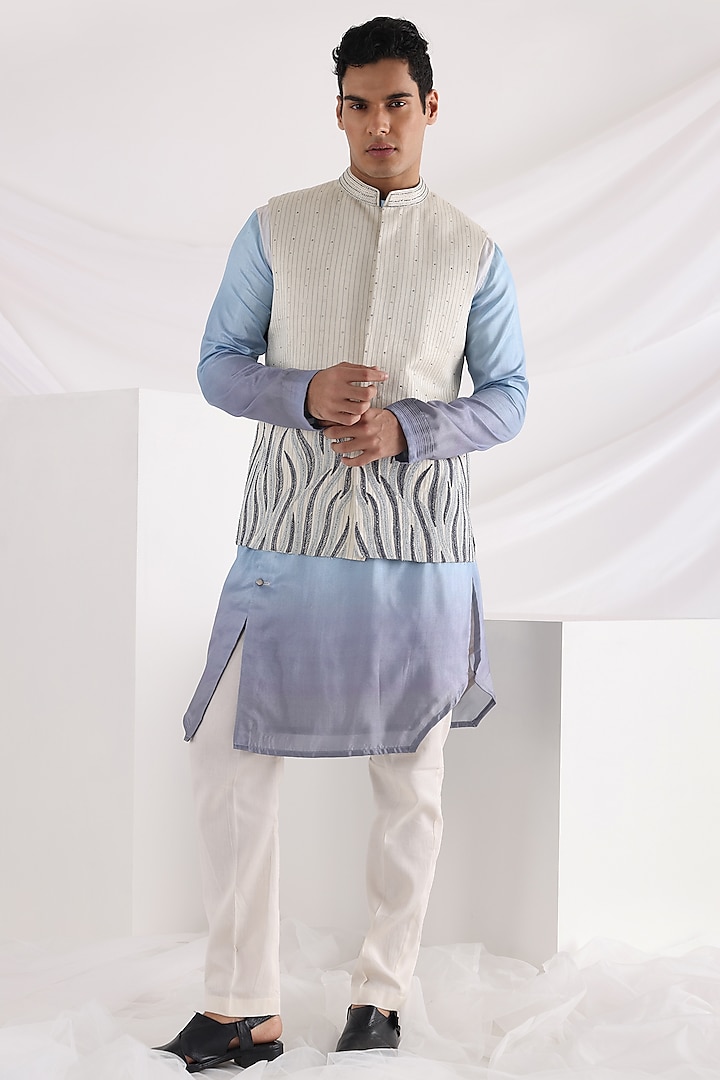 Ivory Linen Satin Embroidered Nehru Jacket With Kurta Set by Smriti By Anju Agarwal Men