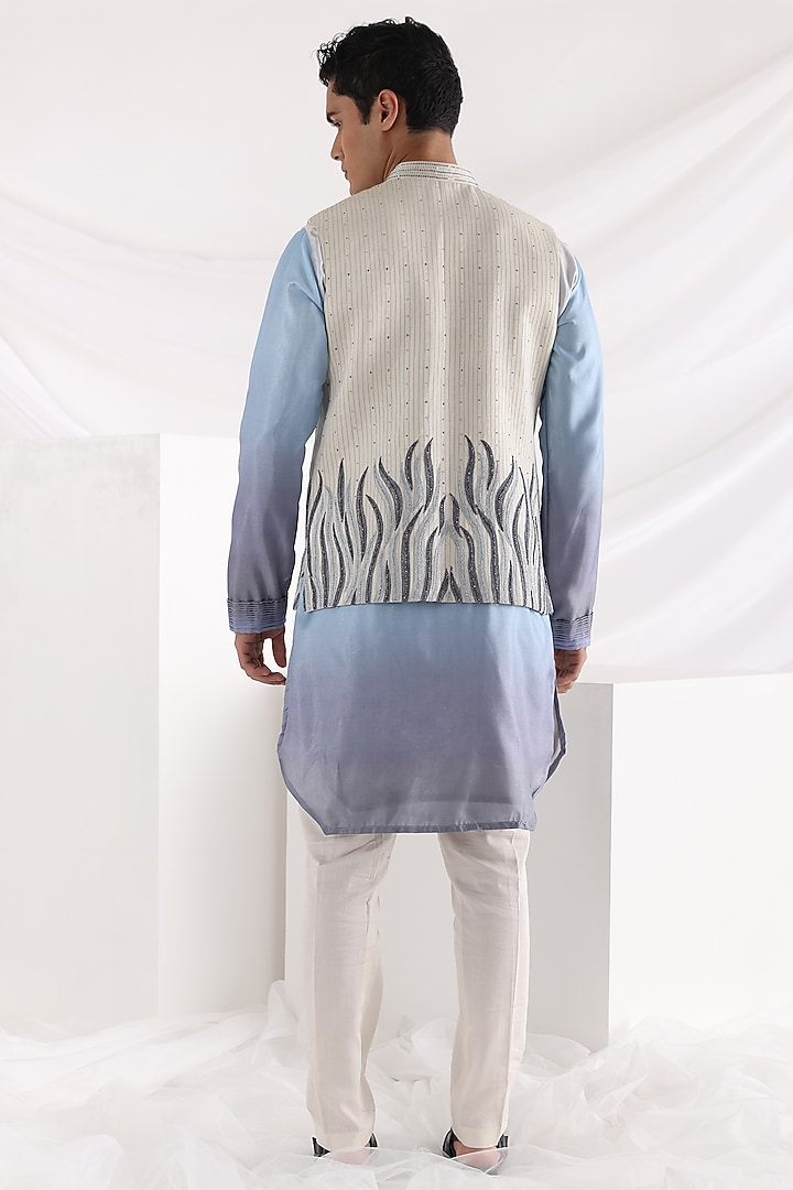 Ivory Linen Satin Abstract Embroidered Nehru Jacket Set by Smriti By Anju Agarwal Men at Pernia's Pop Up Shop