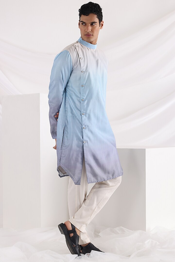 Ivory Linen Satin Abstract Embroidered Nehru Jacket Set by Smriti By Anju Agarwal Men at Pernia's Pop Up Shop