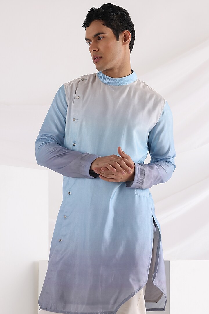 Ivory Linen Satin Abstract Embroidered Nehru Jacket Set by Smriti By Anju Agarwal Men at Pernia's Pop Up Shop