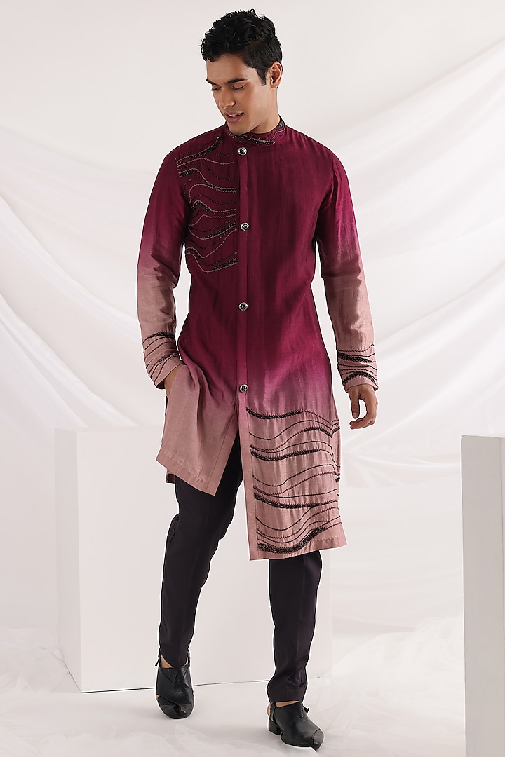 Magenta Bam Silk Embellished Kurta Set by Smriti By Anju Agarwal Men