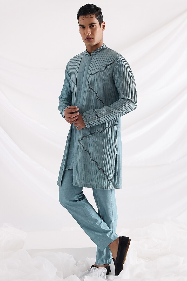 Blue Bam Silk Kurta Set by Smriti By Anju Agarwal Men