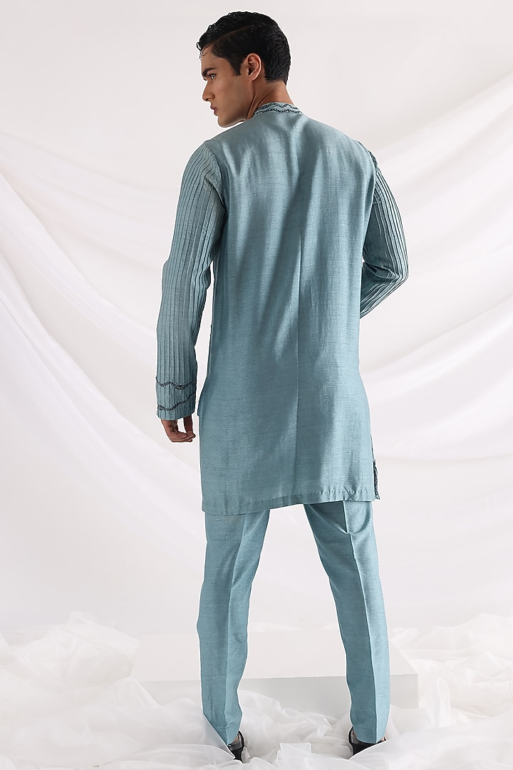 Blue Bam Silk Kurta Set by Smriti By Anju Agarwal Men at Pernia's Pop Up Shop