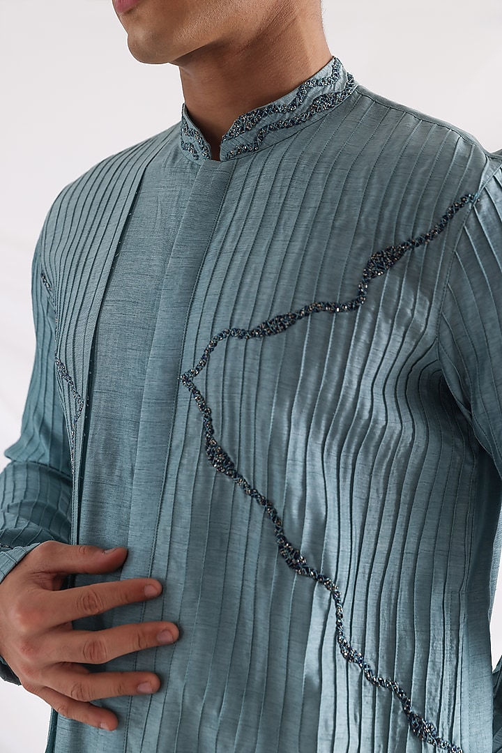Blue Bam Silk Kurta Set by Smriti By Anju Agarwal Men at Pernia's Pop Up Shop