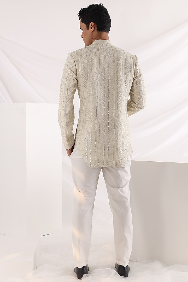 Ivory Linen Satin Embellished Bandhgala Jacket Set by Smriti By Anju Agarwal Men at Pernia's Pop Up Shop