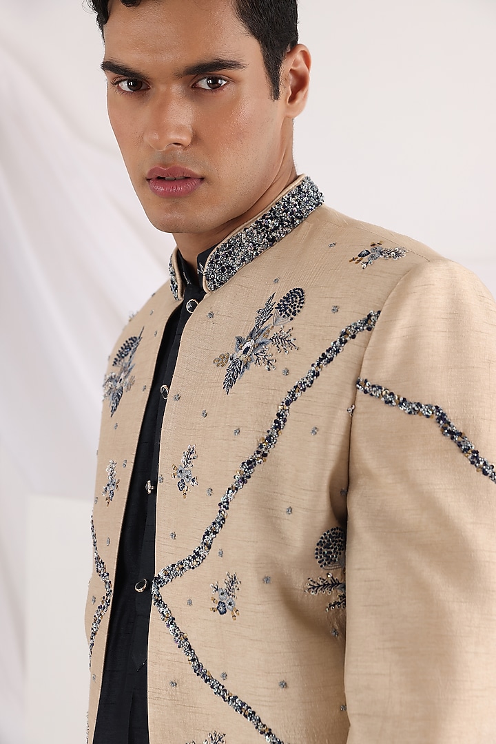 Ivory Bam Silk Wedding Indowestern Set by Smriti By Anju Agarwal Men at Pernia's Pop Up Shop