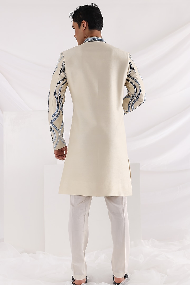 Ivory Bam Silk Wedding Sherwani Set by Smriti By Anju Agarwal Men at Pernia's Pop Up Shop