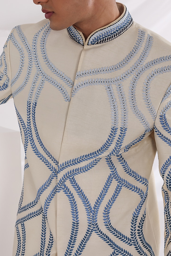 Ivory Bam Silk Wedding Sherwani Set by Smriti By Anju Agarwal Men at Pernia's Pop Up Shop