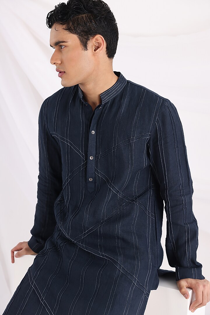 Navy Bam Silk Kurta Set by Smriti By Anju Agarwal Men at Pernia's Pop Up Shop