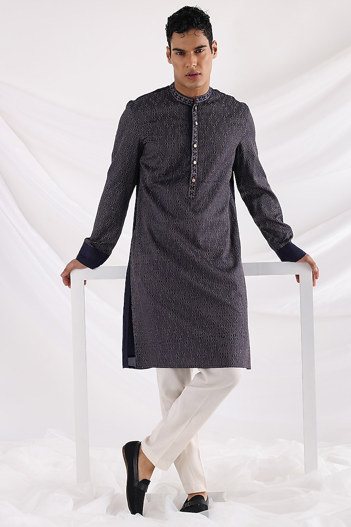 Midnight Blue Bam Silk Kurta Set by Smriti By Anju Agarwal Men