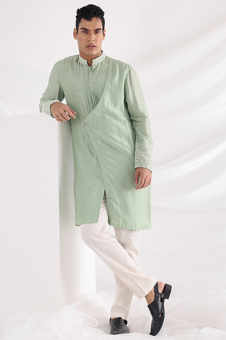 Green Bam Silk Asymmetric Kurta Set by Smriti By Anju Agarwal Men