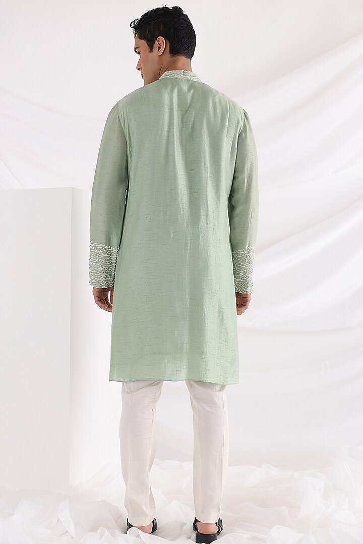 Green Bam Silk Bead Work Asymmetric Kurta Set by Smriti By Anju Agarwal Men at Pernia's Pop Up Shop