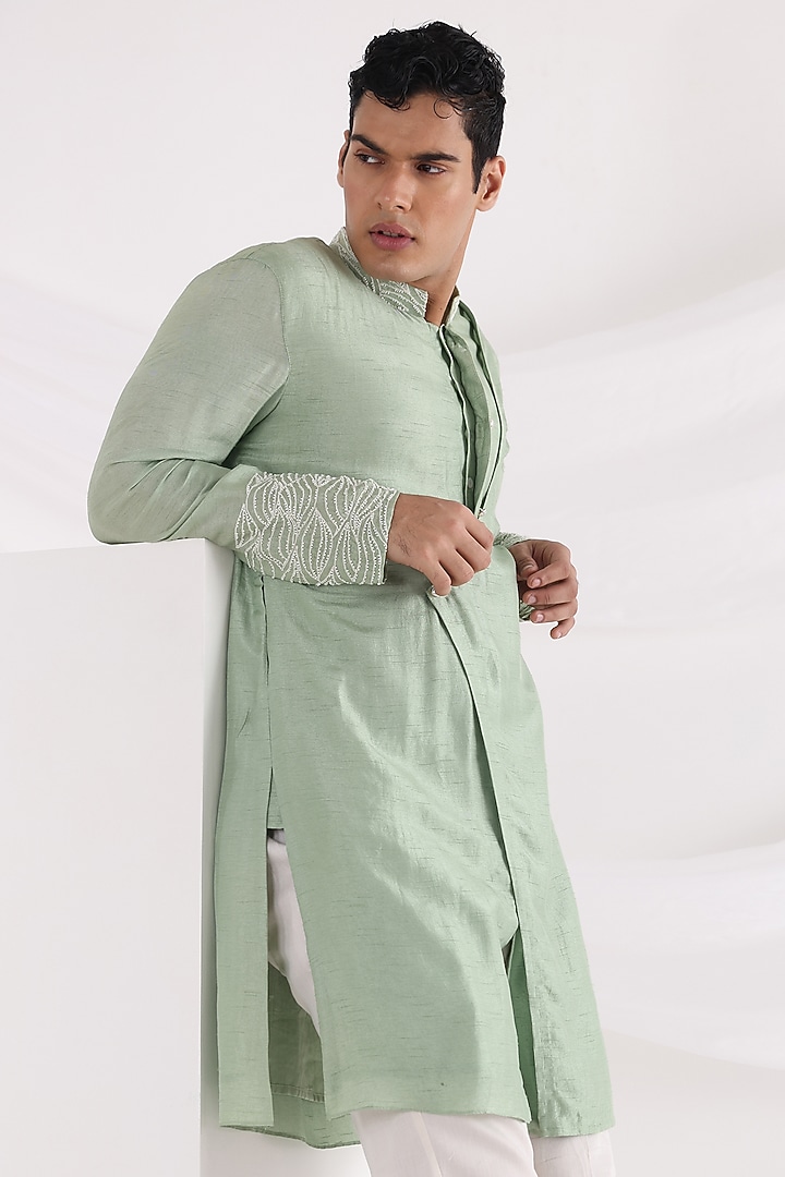 Green Bam Silk Bead Work Asymmetric Kurta Set by Smriti By Anju Agarwal Men at Pernia's Pop Up Shop