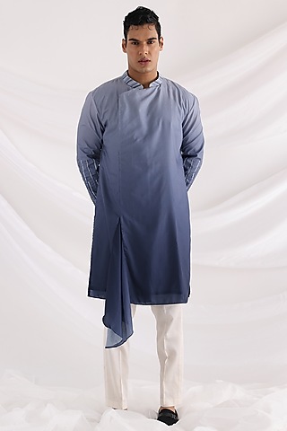 Blue Bam Silk Embroidered kurta Set by Smriti By Anju Agarwal Men