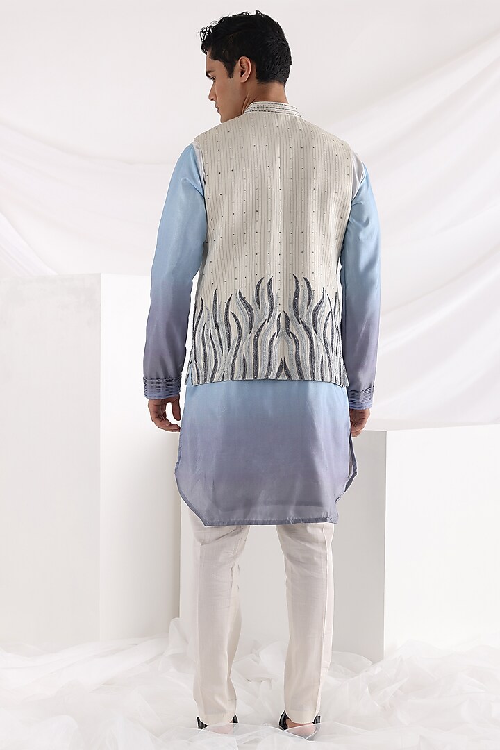 Ivory Linen Satin Abstract Embroidered Nehru Jacket by Smriti By Anju Agarwal Men at Pernia's Pop Up Shop