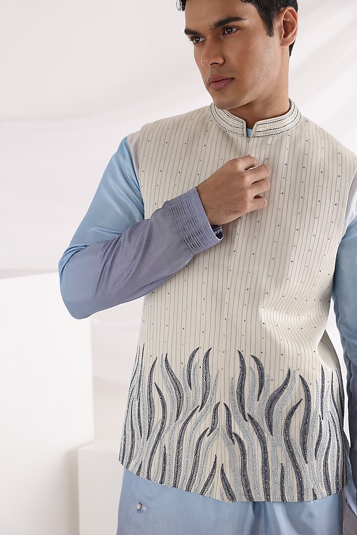 Ivory Linen Satin Abstract Embroidered Nehru Jacket by Smriti By Anju Agarwal Men at Pernia's Pop Up Shop