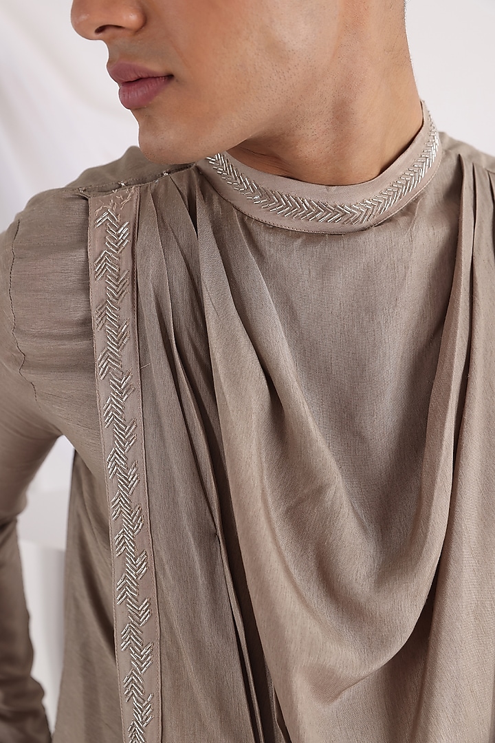 Beige Bam Silk Sequin Embellished Draped Kurta Set by Smriti By Anju Agarwal Men at Pernia's Pop Up Shop