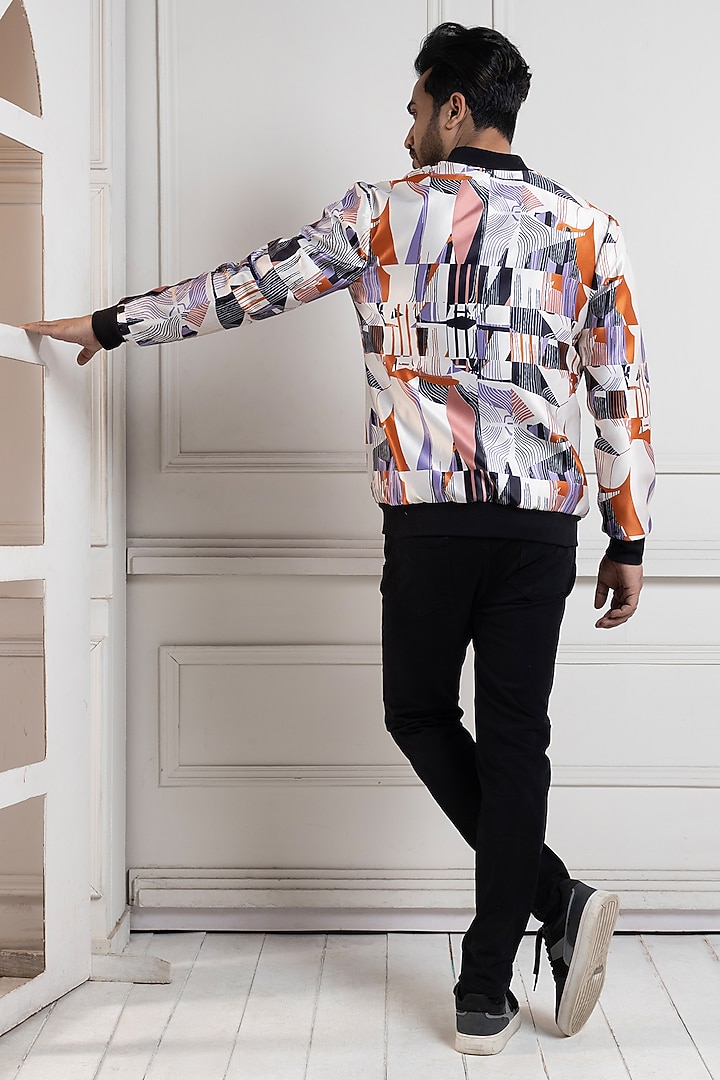 Multi-Colored Heavy Satin Abstract Printed Bomber Jacket by Smriti by Anju Agarwal Men at Pernia's Pop Up Shop