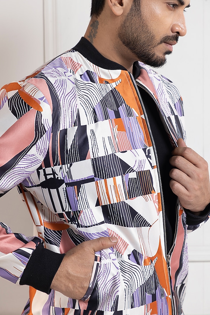 Multi-Colored Heavy Satin Abstract Printed Bomber Jacket by Smriti by Anju Agarwal Men at Pernia's Pop Up Shop