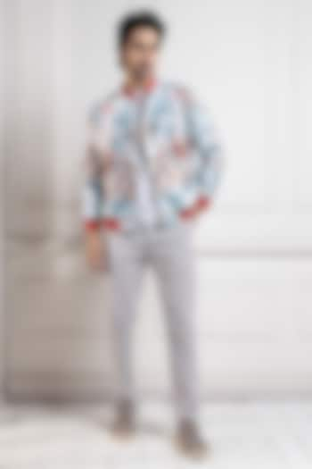 Multi-Colored Heavy Satin Floral Bomber Jacket by Smriti By Anju Agarwal Men