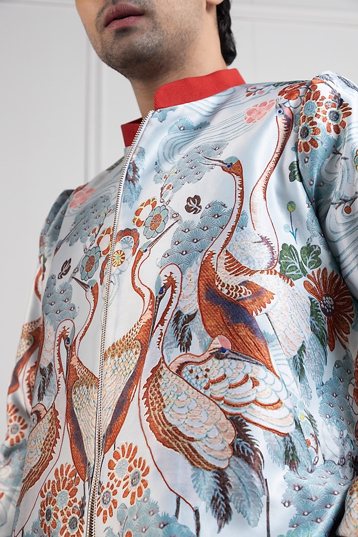 Multi-Colored Heavy Satin Floral Bomber Jacket by Smriti by Anju Agarwal Men at Pernia's Pop Up Shop