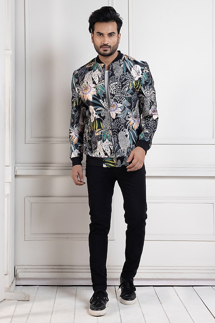 Multi-Colored Heavy Satin Floral Bomber Jacket by Smriti By Anju Agarwal Men